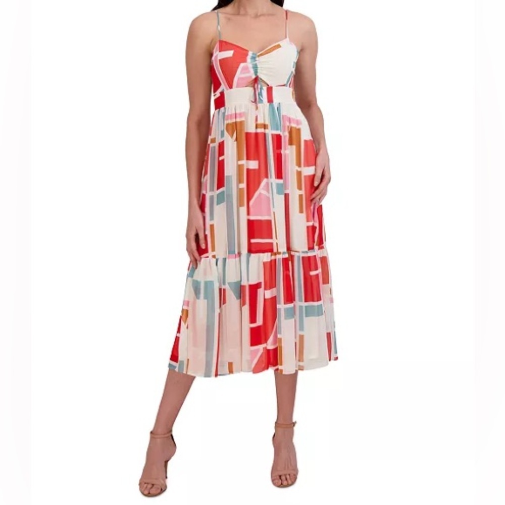 Julia Jordan Women’s Multicolor Abstract Midi Dress Spaghetti Strap Sz 12 Chic